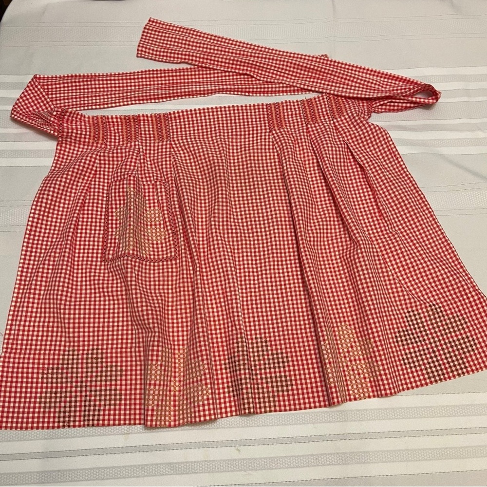Handmade Vintage Red Gingham Apron with Cross Stitch Embellishment- Hand-sewn .